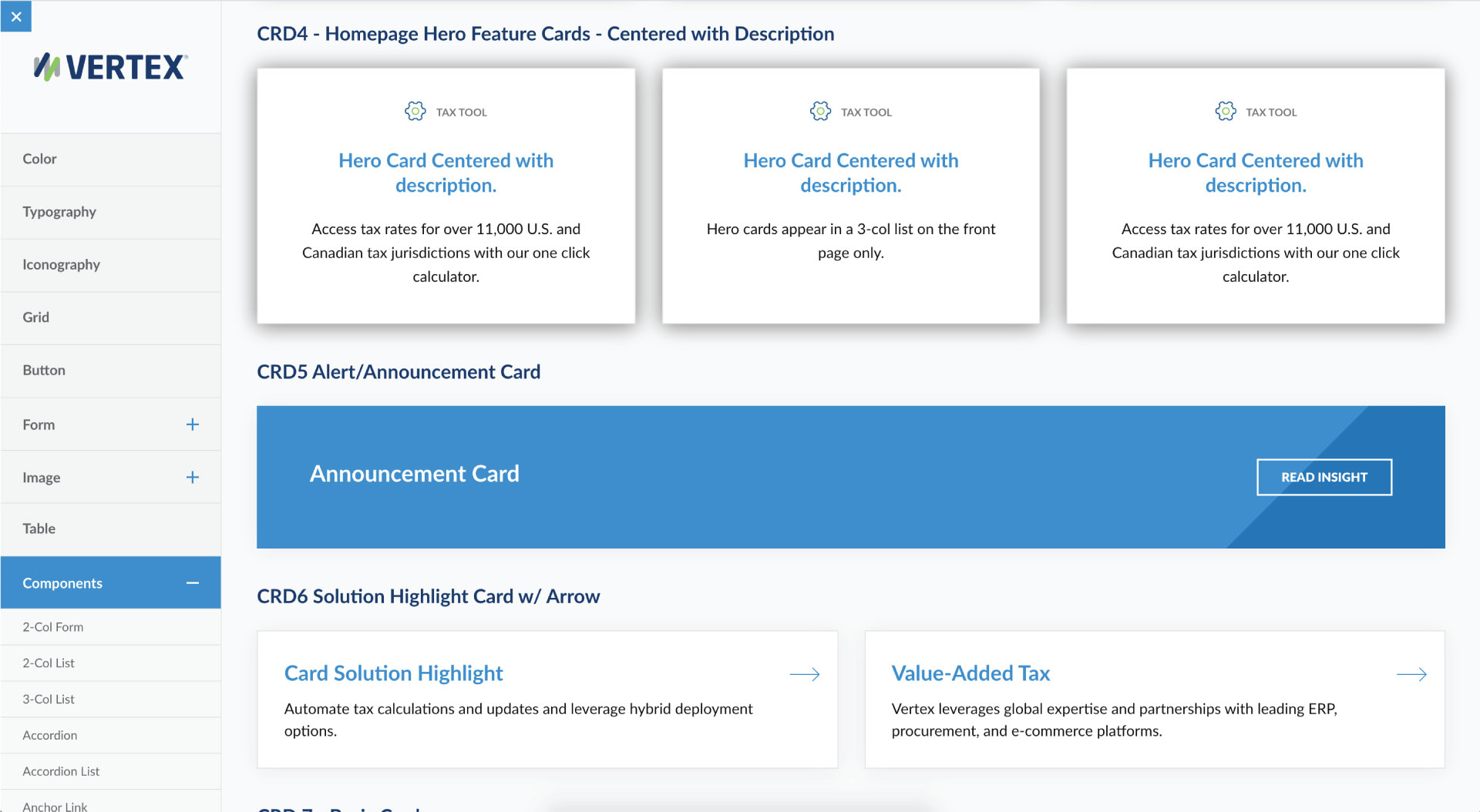 A screenshot of the Vertex Inc design system, depicting various card styles. 
